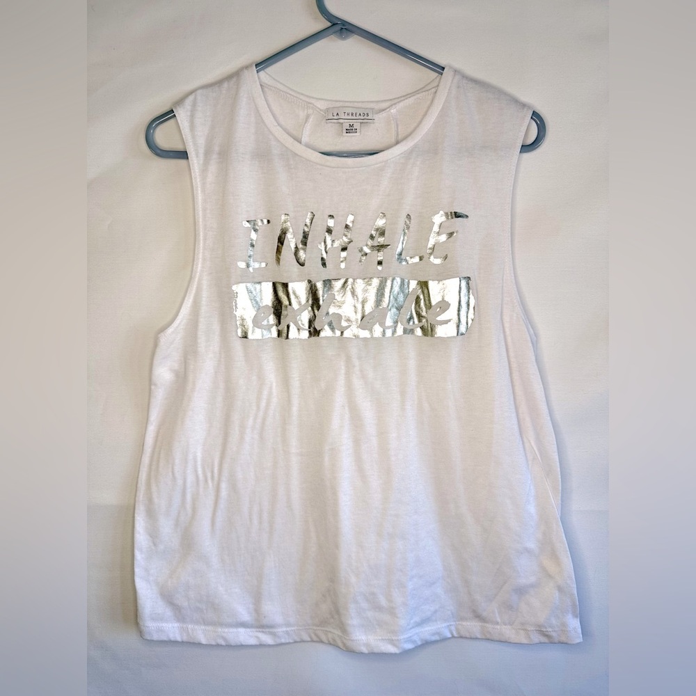 LA THREADS Women White Tank Top Silver Inhale Exhale Three Knot Back Medium